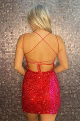 Misshow Sparkly Red and Fuchsia Sequins Tight Short Homecoming Dress/Mini Dress
